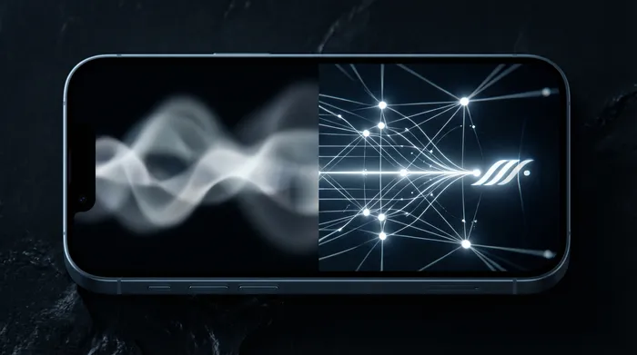 Un homme en costume manipulant une interface numérique holographique de données réseau et d'adresses IP s'affichant au-dessus d'un smartphone.