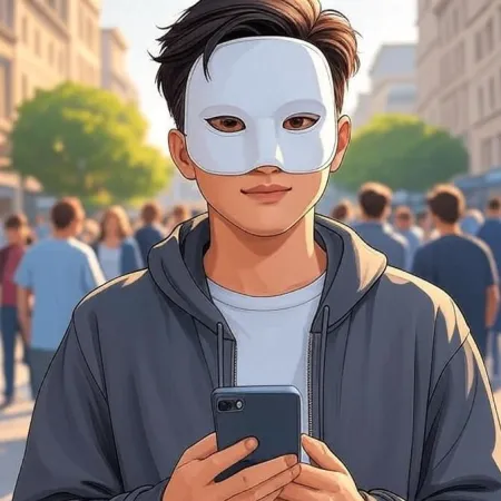 Un jeune homme au style animé portant un masque blanc et une veste à capuche grise, regarde la caméra tout en tenant un smartphone dans une rue bondée.