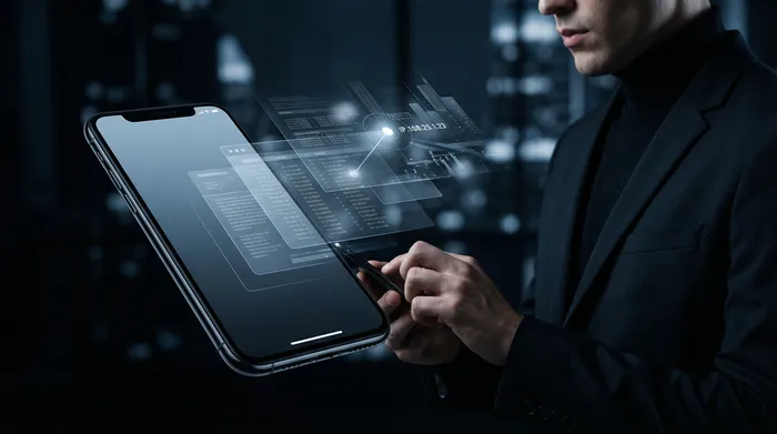 Deux smartphones côte à côte sur une table, reliés par un réseau numérique lumineux symbolisant le transfert de données entre appareils.