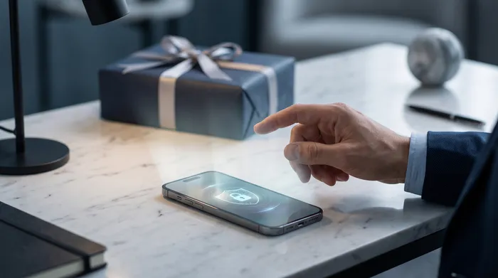 Une main tenant un smartphone affichant une interface de messagerie avec des éléments graphiques technologiques en surimpression, incluant un cadenas, des circuits et un numéro de téléphone, illustrant la sécurité mobile et les communications numériques.