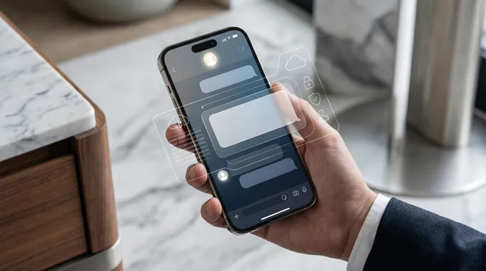 Un smartphone posé sur un bureau à côté d'un ordinateur portable, affichant des icônes de géolocalisation numériques en réalité augmentée.