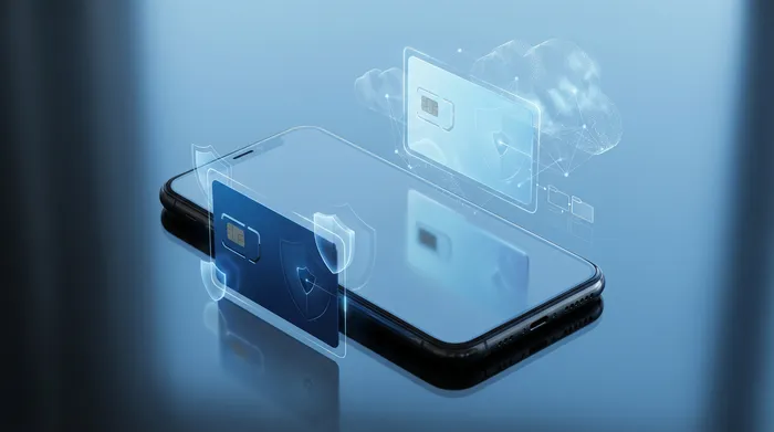 Une main tenant un smartphone affichant une interface de messagerie holographique moderne avec des bulles de discussion et des icônes de sécurité.