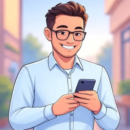 Jeune homme souriant avec des lunettes et une chemise bleue, consultant son smartphone.