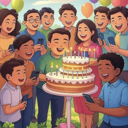 Groupe de personnes souriantes entourant un grand gâteau à deux étages avec plusieurs bougies allumées, tout en prenant des photos avec leurs téléphones.